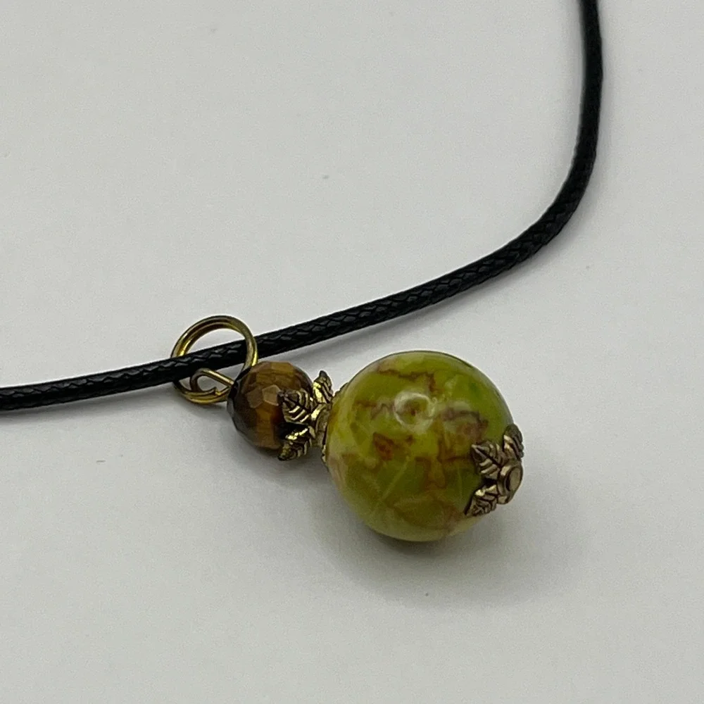 Natural Unakite Green Jasper Stone‎ Pendant Necklace & Earring Set Antique Brass
